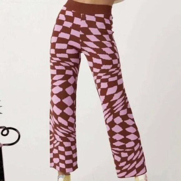 NWT DAYDREAMER Abstract Retro Checkered Magenta Wave Knit Pull On Pants - Picture 1 of 5